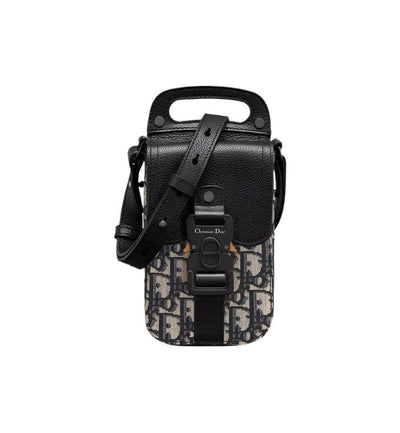 Saddle Vertical Pouch with Strap Beige and Black Dior Oblique Jacquard with Black Grained Calfskin
