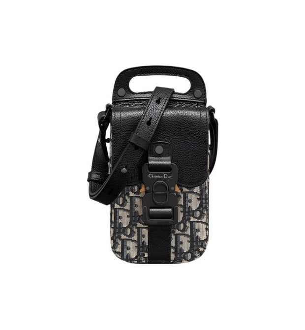 Saddle Vertical Pouch with Strap Beige and Black Dior Oblique Jacquard with Black Grained Calfskin