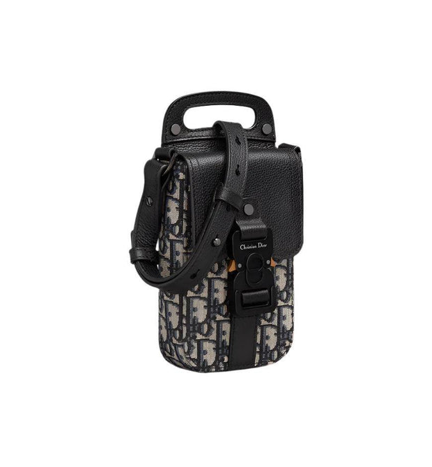 Saddle Vertical Pouch with Strap Beige and Black Dior Oblique Jacquard with Black Grained Calfskin