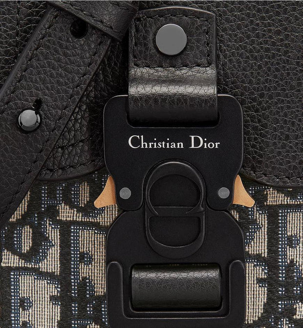 Saddle Vertical Pouch with Strap Beige and Black Dior Oblique Jacquard with Black Grained Calfskin