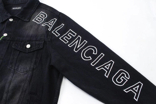 BALENCIAGA UNISEX Embroidered Logo Denim Jacket Sunbleached Black