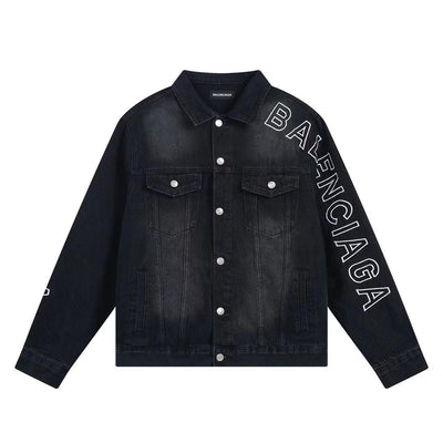 BALENCIAGA UNISEX Embroidered Logo Denim Jacket Sunbleached Black