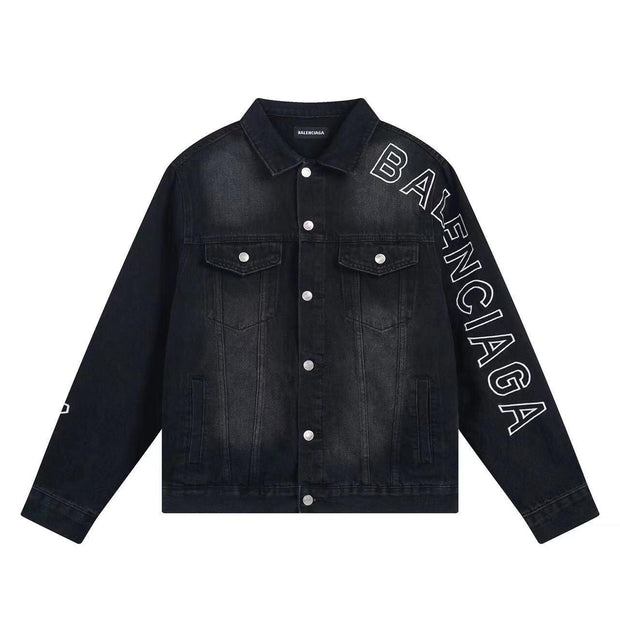 BALENCIAGA UNISEX Embroidered Logo Denim Jacket Sunbleached Black