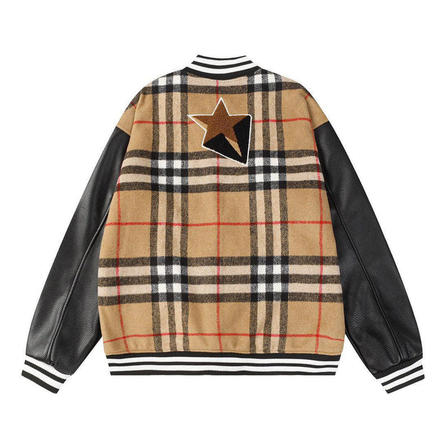 BURBERRY Brown Checked Wool-Blend and Full-Grain Leather Varsity Jacket