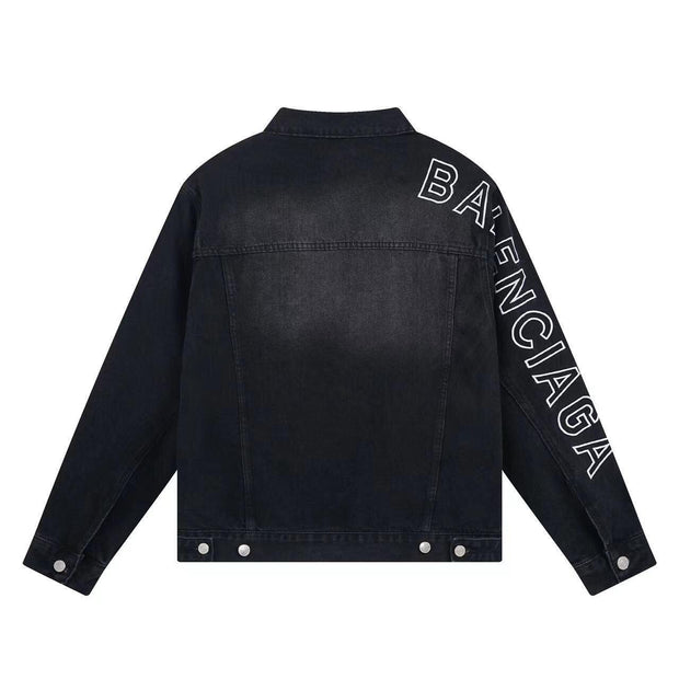 BALENCIAGA UNISEX Embroidered Logo Denim Jacket Sunbleached Black